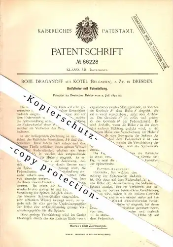 Original Patent - Bojil Draganoff aus Kotel / Bulgarien , z.Zt. Dresden , 1892 , Reißfeder mit Feinstellung , Sliwen !!!