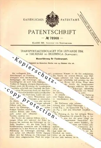 Original Patent - Transport för levande Fisk in Thurenäs b. Billeberga , 1891 , Boot für Fischtransport , Fisch Schweden