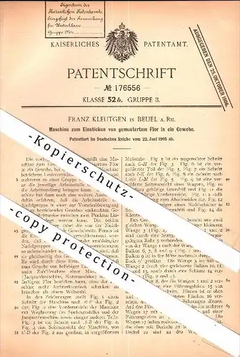 Original Patent - Franz Kleutgen in Beuel a. Rhein , 1905 , Maschine zum Einsticken von Flor in Gewebe , Bonn !!!