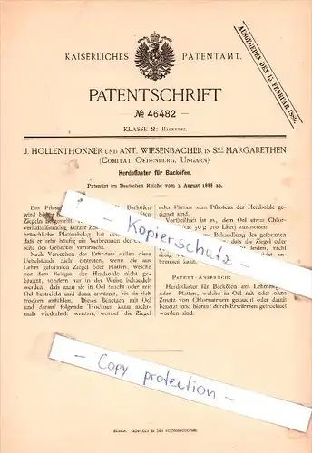 Original Patent  - J. Hollenthonner und Ant. Wiesenbacher in St. Margarethen / Ödenburg , 1888 , Ungarn , Sopron !!!