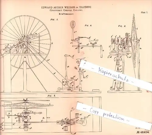 Original Patent  -  E. A. Williams in Tranmere , Grafschaft Chester, England , 1888 ,  Kraftmesser !!!