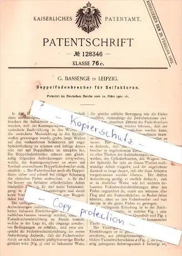 Original Patent  - G. Bassenge in Leipzig , 1901 , Doppelfadenbrecher für Selfaktoren !!!