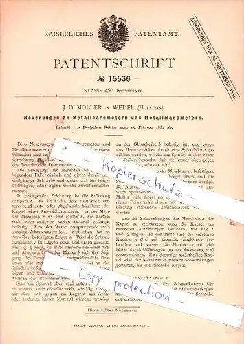 Original Patent - J. D. Möller in Wedel , Holstein , 1881 , Instrumente !!!