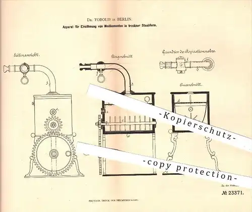 original Patent - Dr. Tobold in Berlin , 1882 , Einatmung vom Medikament in trockener Staubform , Medizin !!!