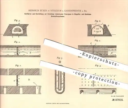 original Patent - Heinrich Büker , Stockum , Kaiserwerth , reduzierende Feuergase in Ringofen , Brennofen , Ofen , Öfen