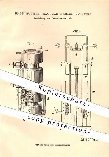 original Patent - S. Hutterer - Hauslich ,Kischinew , Russland , 1900 , Karburieren von Luft , Karburator !!!