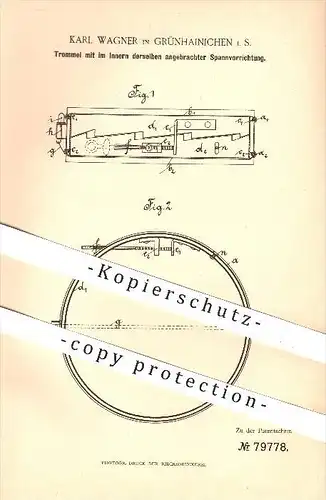 original Patent - Karl Wagner , Grünhainichen , 1894, Trommel mit Spannvorrichtung , Musik , Musikinstrumente , Trommeln