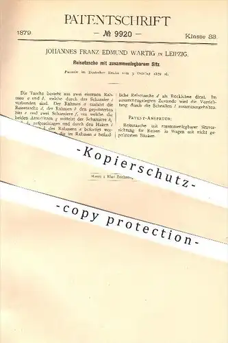 original Patent - Johannes Franz E. Wartig , Leipzig , 1879 , Reisetasche mit zusammenlegbarem Sitz , Gepäck , Reisen !!