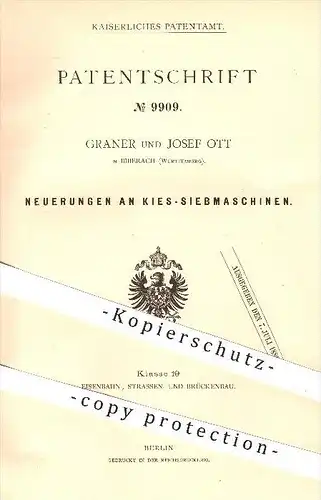 original Patent - Graner und Josef Ott in Biberach , 1879 , Kies - Siebmaschinen , Sieben , Straßenbau , Bau !!!