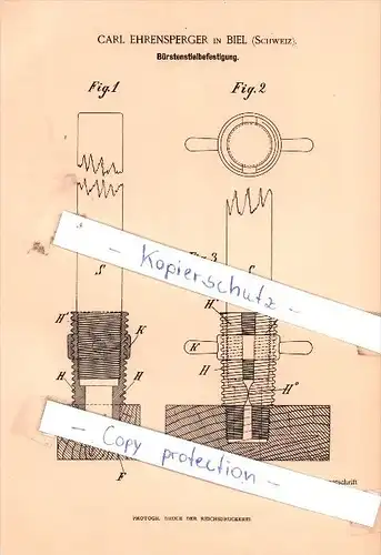 Original Patent - Carl Ehrensperger in Biel / Bienne  , 1888 , Bürstenstielbefestigung !!!