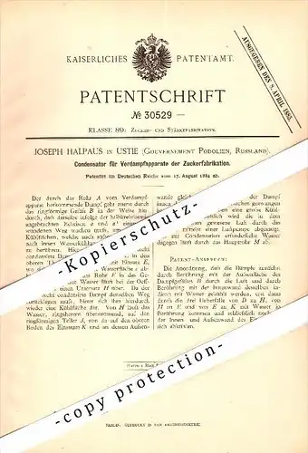 Original Patent - Joseph Halpaus in Ustie , Gouvernement Podolien , 1884 , Kondensator für Zuckerfabrik , Russland !!!