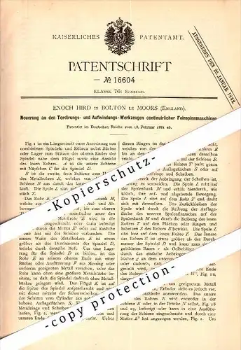 Original Patent - Enoch Hird in Bolton le Moors , England , 1881 , Apparatus for spinning !!!