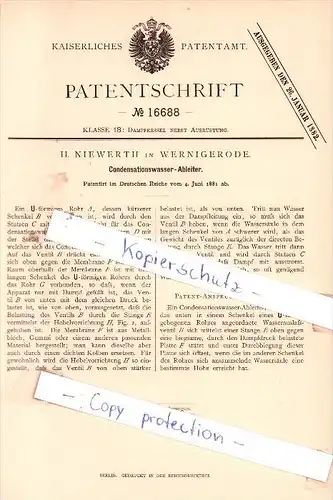 Original Patent - H. Niewerth in Wernigerode , 1881 , Condensationswasser-Ableiter !!!