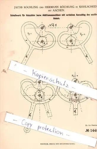 Original Patent - J. und H. Röchling in Kohlscheidt bei Aachen , 1881 , Schaltwerk für Hubzähler !!!