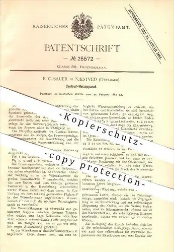 original Patent - F. C. Sauer in Næstved , Dänemark , 1883 , Zentral-Heizapparat , Heizung , Naestved  !!!