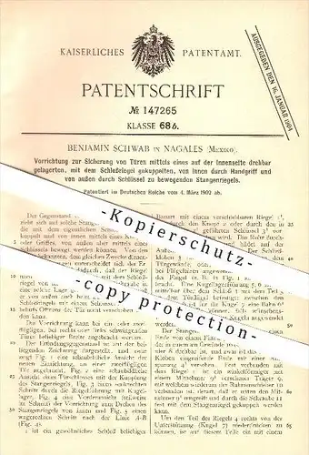 original Patent - Benjamin Schwab in Nogales , Mexico , 1902 , Sicherung von Türen , Tür , Tischler , Türschloss !!!
