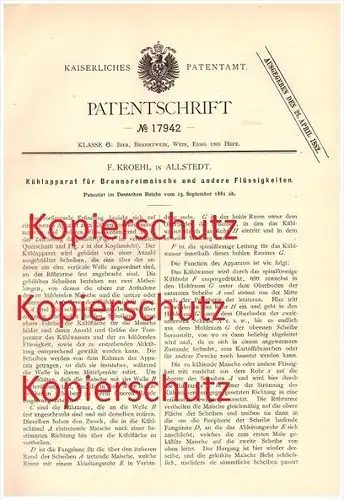 original Patent - F. Kroehl in Allstedt , 1881 , Kühlapparat für Maische , Brennerei , Brauerei , Alkohol !!