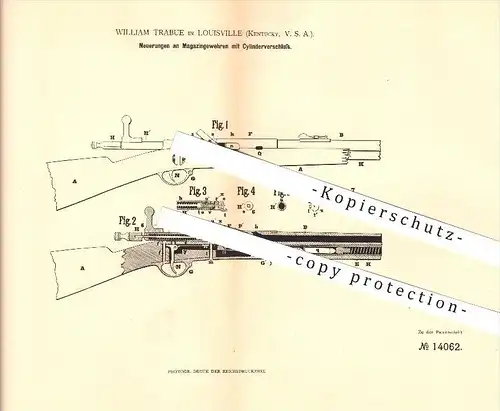 original Patent - W. Trabue in Louisville , Kentucky , 1880 , Magazingewehr mit Zylinderverschluss , Waffen , Gewehr !!!