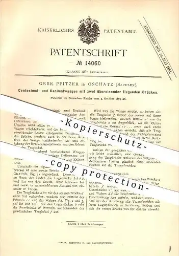 original Patent - Gebr. Pfitzer in Oschatz , 1879 , Zentesimal- und Dezimalwaage , Waage , Wiegen , Gewicht !!!