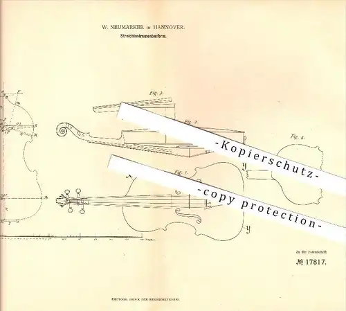 original Patent - W. Neumärker in Hannover , 1881 , Streichinstrumentenform , Musik , Geige , Violine !!!