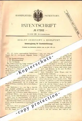 Original Patent - August Herrmann in Kohlfurt / Wegliniec , 1881 , Kupplung für Eisenbahn , Niederschlesien !!!