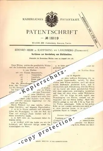 Original Patent - Eduard Heim in Kaufering b. Landsberg , 1881 , Herstellung von Stiefelwichse !!!