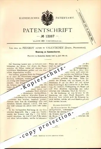 Original Patent - Les fils de PEUGEOT à Valentigney , Doubs , 1880 , Clippers , coiffeur !!!