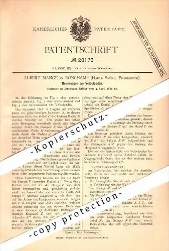 Original Patent - Albert Mange à Ronchamp , Haute Saone , 1882 , Innovation sur les bicyclettes , bicycle !!!