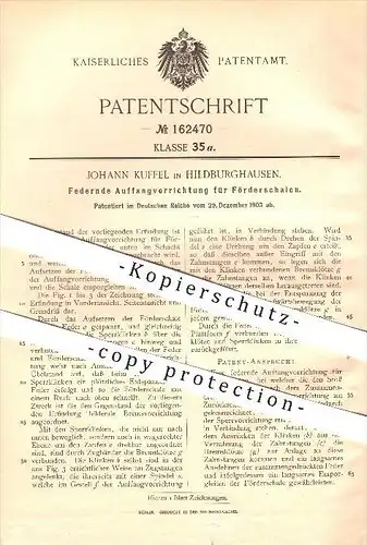 original Patent - Johann Kuffel in Hildburghausen , 1903 , Federnde Auffangvorrichtung für Förderschalen !!!