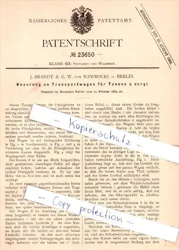 Original Patent - J. Brandt & G. w. von Nawrocki in Berlin , 1883 , Transportwagen für Tonnen !!!