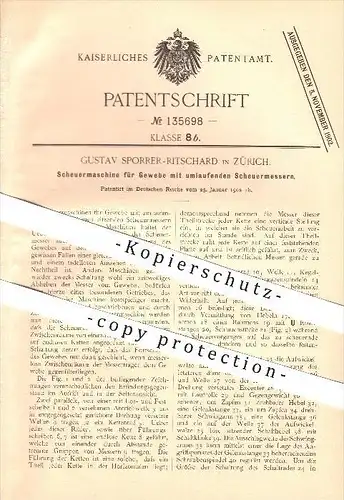 original Patent - Gustav Sporrer-Ritschard in Zürich , 1902 , Scheuermaschine für Gewebe !!!