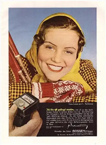 original Werbung - 1941 - Fabrik Gossen in Erlangen , Präzisions-Meßgeräte , A4 Seite !!!