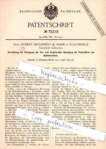 Original Patent - Firma Robert Broadbent & Sohn in Stalybridge , Grafsch. Chester , 1893 , !!!