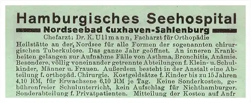 original Werbung - 1942 - Seehospital Cuxhaven - Sahlenburg , Arzt , Kur , Krankenhaus , Apotheke , Hamburg !!!