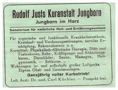 original Werbung - 1942 - Kuranstalt R. Just in Jungborn a. Harz , Stapelburg , Arzt , Apotheke , Krankenhaus !!!