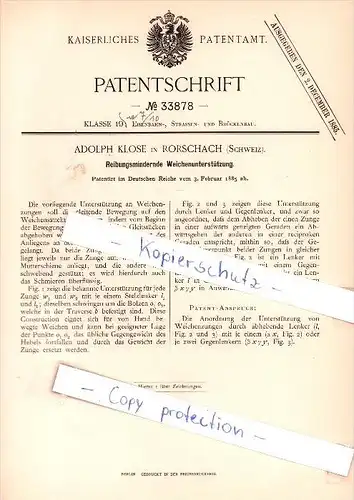 Original Patent - A. Klose in Rorschach , Schweiz , 1885 , Reibungsmindernde Weichen , Eisenbahn !!!