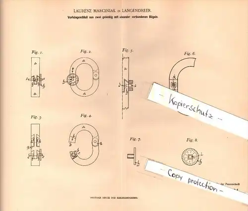 Original Patent - Laurenz Marciniak in Langendreer b. Bochum , 1902 , Vorhängeschloß !!!