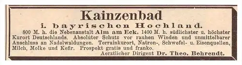original Werbung - 1888 - Kainzenbad b. Garmisch-Partenkirchen , Kur , Arzt , Krankenhaus , Apotheke !!!