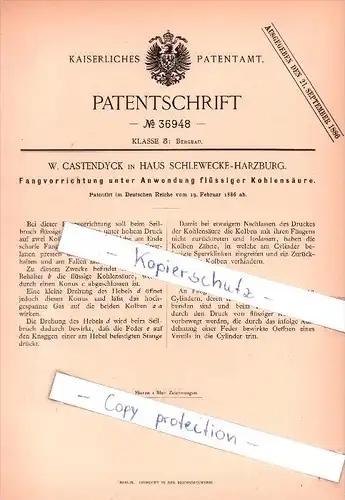 Original Patent  - W. Castendyck in Haus Schlewecke - Harzburg , 1886 , Fangvorrichtung , Bergbau !!!
