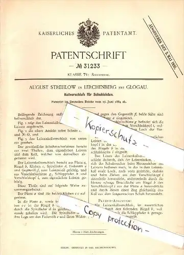 Original Patent - August Strehlow in Lerchenberg b. Glogau / Glogow , 1884 , Schuhleisten , Schuhmacher , Schuhe !!!