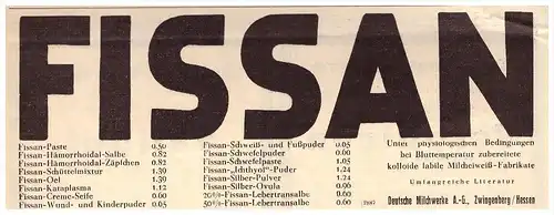 original Werbung - 1935 , Zwingenberg i. Hessen , FISSAN , Arzt , Kur , Krankenhaus , Apotheke !!!