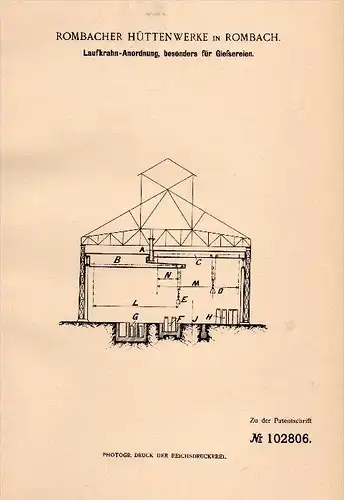 Original Patentschrift - Hüttenwerk in Rombach / Rombas , 1898 , Laufkran - Anordnung für Gießerei , Kran !!!