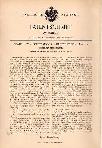 Original Patentschrift -  Claus Kay in Westermoor b. Breitenburg i. Holst., 1898 , Spindel für Drehbank , Tischlerei !!!