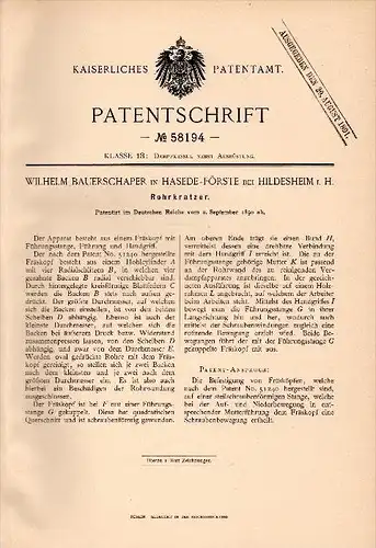 Original Patentschrift - W. Bauerschaper in Hasede - Förste , 1890 , Rohrkratzer , Dampfkessel , Hildesheim !!