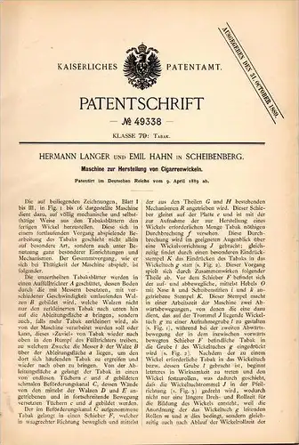 Original Patentschrift - H. Langer und E. Hahn in Scheibenberg i.S. 1889, Maschine zur Cigarren - Herstellung, Schlettau