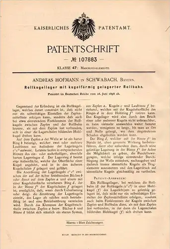 Original Patentschrift - A. Hofmann in Schwabach , 1898 , Roll - Kugellager , Maschinenbau !!!