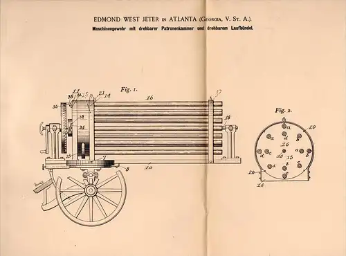 Original Patentschrift - Machine gun with rotating cartridge - box , 1901 , E. Jeter in Atlanta , Georgia ,USA !!!