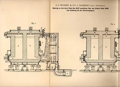 Original Patentschrift - A.R. Pechiney & Co à Salindres , Gard , 1888 ,Fours pour le chauffage des solides !!!