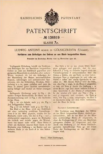 Original Patentschrift - L. Antony in Gölniczbánya , Ungarn , 1901 , Befestigung für Hauen !!!