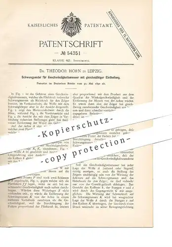 original Patent - Dr. Theodor Horn , Leipzig , 1890 , Schwungpendel für Geschwindigkeitsmesser | Pendel , Tachometer !!!